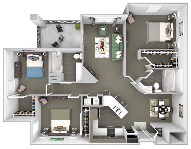 Floor plan for 3 beds, 2 baths, 1454 sqft